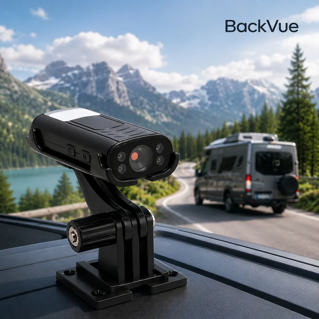 BackVue™ Kamera auf dem Dach eines Wohnmobils, Wohnmobil auf Bergstraße